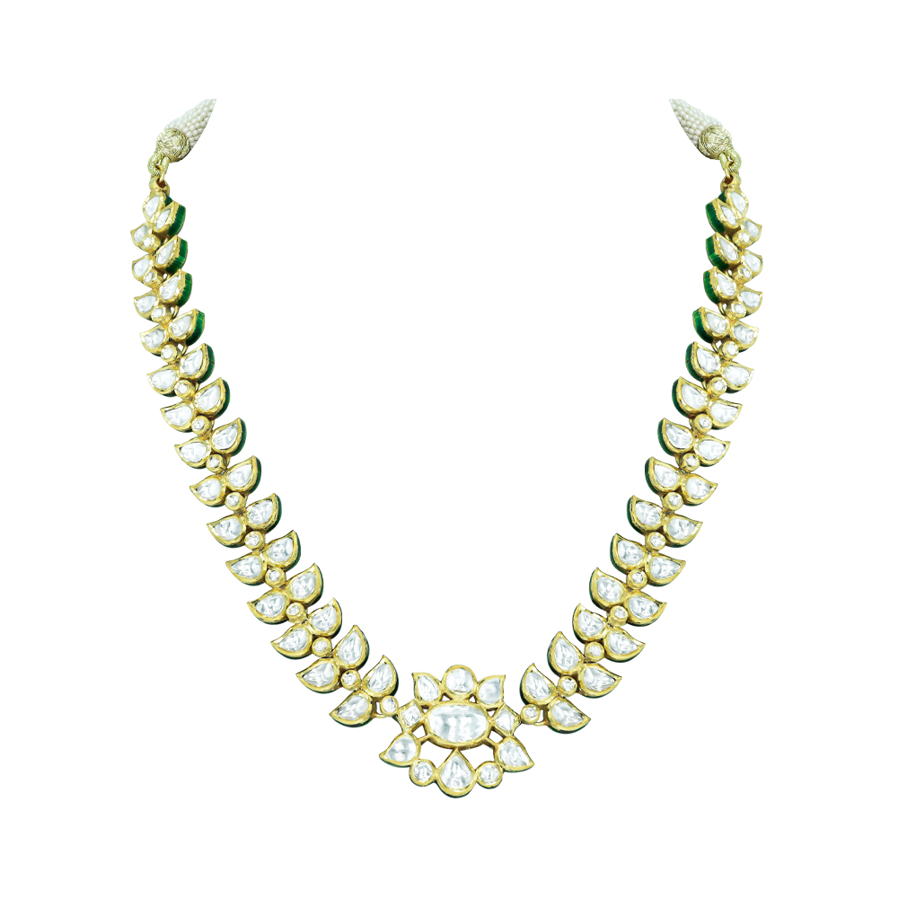 Ivory Polki Necklace with Floral Motif and Petal Design